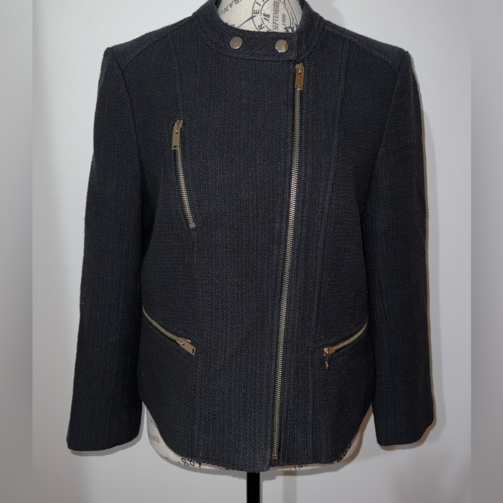 Ann Taylor Black Textured Tweed Moto Blazer Jacket Size 10